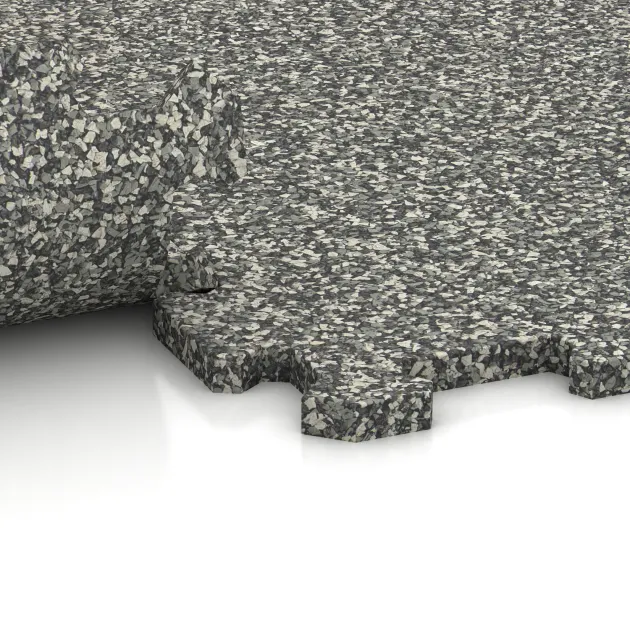 Großaufnahme vom Verbindungssystem von WARCO-Boden 1097 - Športová podlaha Kompakt im Farbdesign Šedý granit. Abmessungen 970 x 970 x 16 mm.