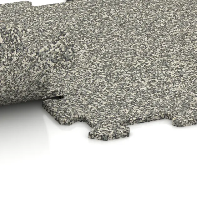 Großaufnahme vom Verbindungssystem von WARCO-Boden 0884 - Športová podlaha Kompakt im Farbdesign Svetlý granit. Abmessungen 485 x 485 x 8 mm.