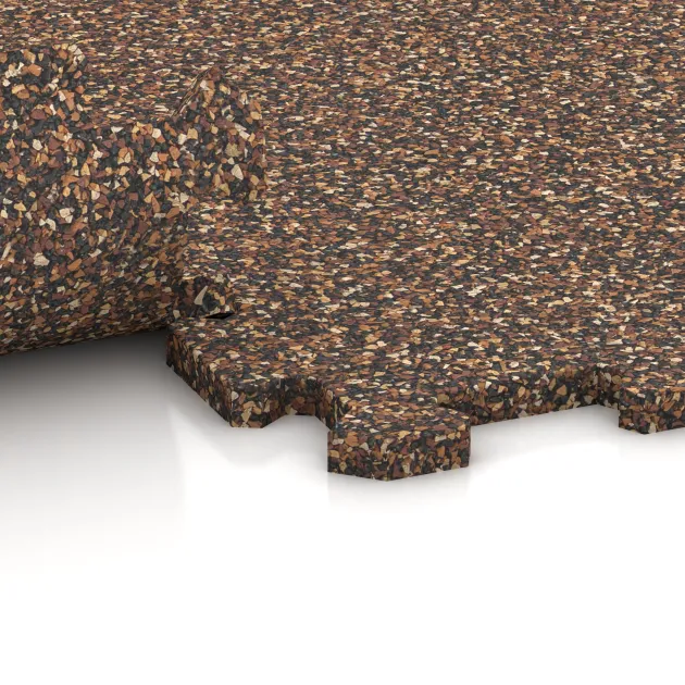 Großaufnahme vom Verbindungssystem von WARCO-Boden 0963 - Športová podlaha Kompakt im Farbdesign Kôra a Basto. Abmessungen 485 x 485 x 16 mm.