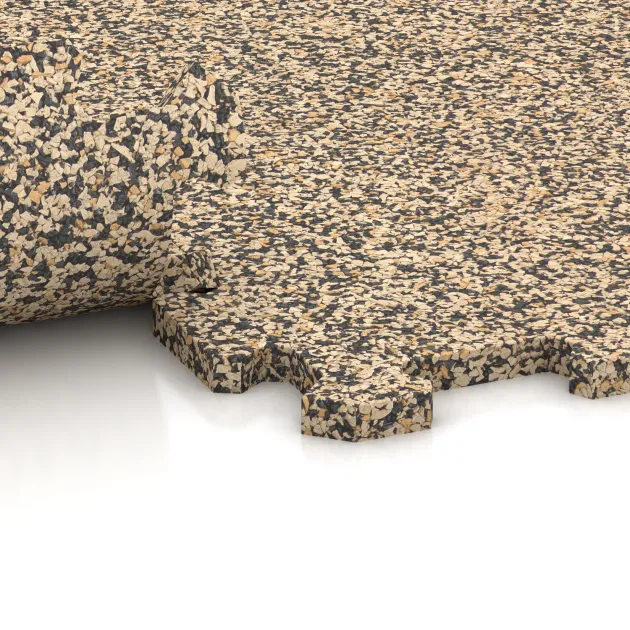 Großaufnahme vom Verbindungssystem von WARCO-Boden 0966 - Športová podlaha Kompakt im Farbdesign Travertín. Abmessungen 485 x 485 x 16 mm.