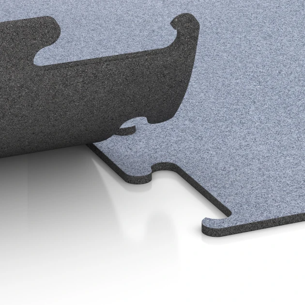 Großaufnahme vom Verbindungssystem von WARCO-Boden 6146 - Fitness Performance Elite tréningová podlaha im Farbdesign Hmlistá sivá. Abmessungen 100 x 100 x 1 cm | 1,00 m².