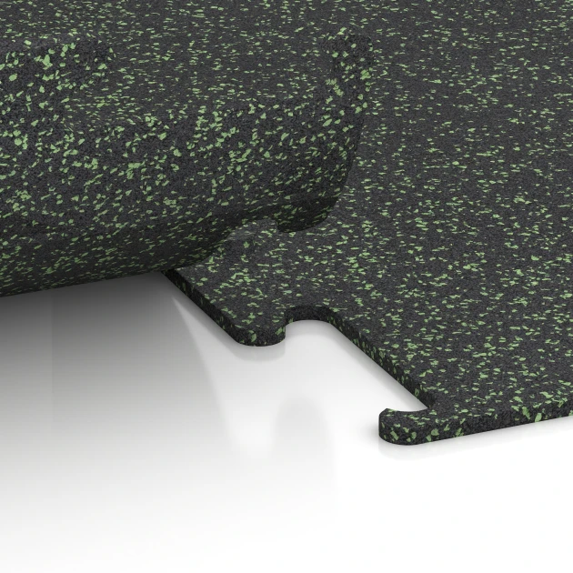 Großaufnahme vom Verbindungssystem von WARCO-Boden 3755 - Fitness Performance Elite tréningová podlaha im Farbdesign Ľahko zeleno posypaná. Abmessungen 100 x 100 x 1 cm | 1,00 m².