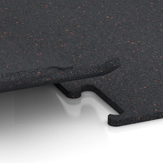 Großaufnahme vom Verbindungssystem von WARCO-Boden 3757 - Fitness Performance Elite tréningová podlaha im Farbdesign Ľahko červené posypané. Abmessungen 100 x 100 x 1,5 cm | 1,00 m².