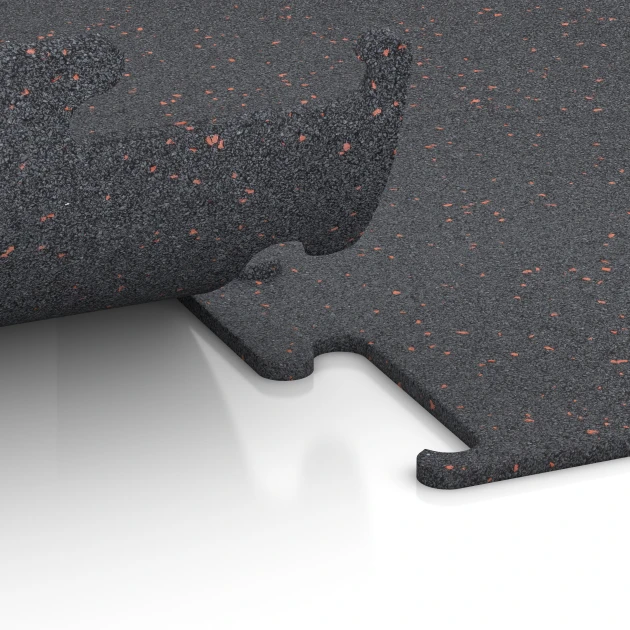 Großaufnahme vom Verbindungssystem von WARCO-Boden 3765 - Športová podlaha Fitness Performance Elite im Farbdesign Ľahko červené posypané. Abmessungen 50 x 50 x 1 cm | 0,25 m².