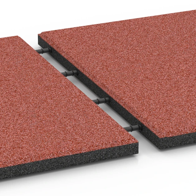 Großaufnahme vom Verbindungssystem von WARCO-Boden 6288 - Dopadové dosky im Farbdesign Paradajková červená. Abmessungen 50 x 50 x 3 cm.