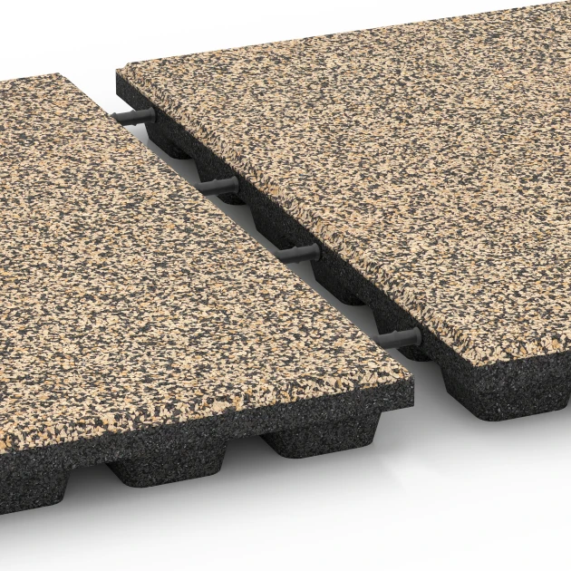 Großaufnahme vom Verbindungssystem von WARCO-Boden 6437 - Dopadová dlaždica – 160 cm im Farbdesign Travertín. Abmessungen 50 x 50 x 4,8 cm.