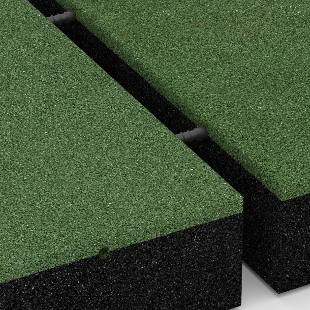 Großaufnahme vom Verbindungssystem von WARCO-Boden 6279 - Dopadová dlaždica – 300 cm im Farbdesign Trávovo zelená. Abmessungen 50 x 50 x 11 cm.