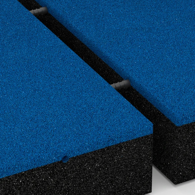 Großaufnahme vom Verbindungssystem von WARCO-Boden 6229 - Dopadové dosky im Farbdesign Nebeská modrá. Abmessungen 50 x 50 x 11 cm.