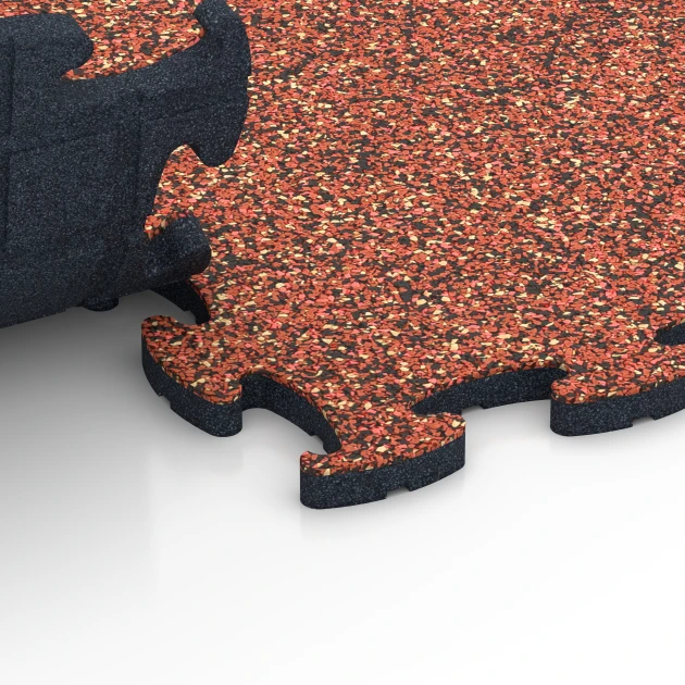 Großaufnahme vom Verbindungssystem von WARCO-Boden 6863 - Fitnes podlaha Max im Farbdesign Etna. Abmessungen 44,6 x 44,6 x 1,8 cm.