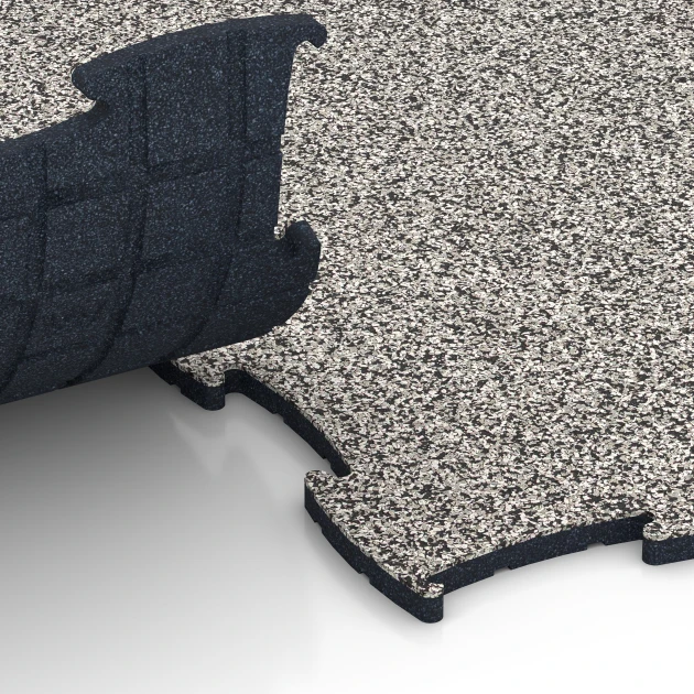 Großaufnahme vom Verbindungssystem von WARCO-Boden 6905 - Podlaha pre psie haly im Farbdesign Sivá žula. Abmessungen 97,1 x 97,1 × 1,8 cm.