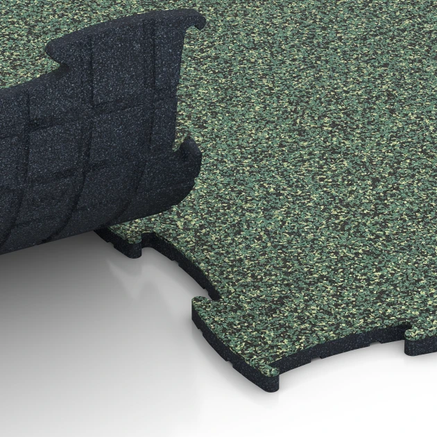 Großaufnahme vom Verbindungssystem von WARCO-Boden 6870 - Fitnes podlaha Max im Farbdesign Anglický trávnik. Abmessungen 97,1 x 97,1 × 1,8 cm.