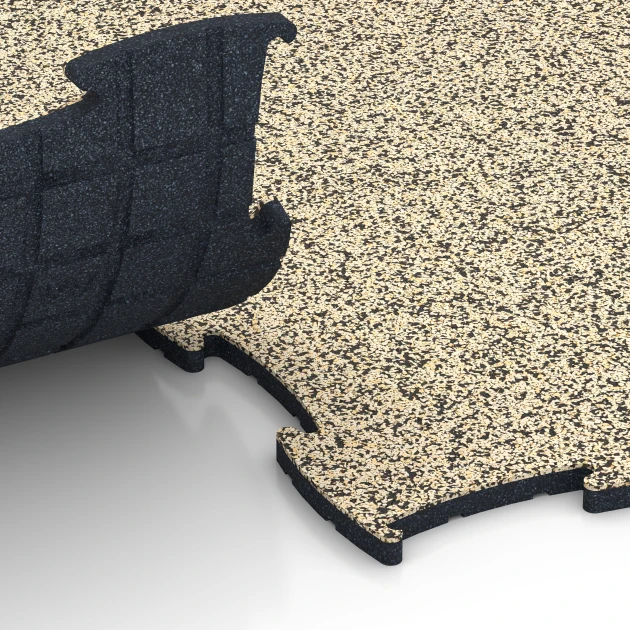 Großaufnahme vom Verbindungssystem von WARCO-Boden 6874 - Fitnes podlaha Max im Farbdesign Travertín. Abmessungen 97,1 x 97,1 × 1,8 cm.