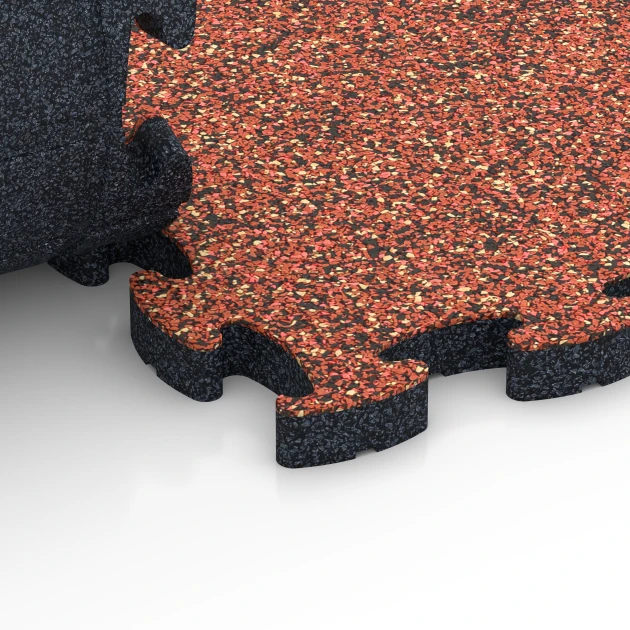 Großaufnahme vom Verbindungssystem von WARCO-Boden 6935 - Bezpečnostná puzzle podložka im Farbdesign Etna. Abmessungen 44,6 x 44,6 × 2,8 cm.