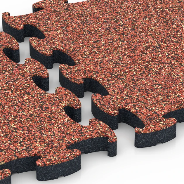 Großaufnahme vom Verbindungssystem von WARCO-Boden 6881 - Fitnes podlaha Max im Farbdesign Etna. Abmessungen 44,6 x 44,6 × 2,8 cm.