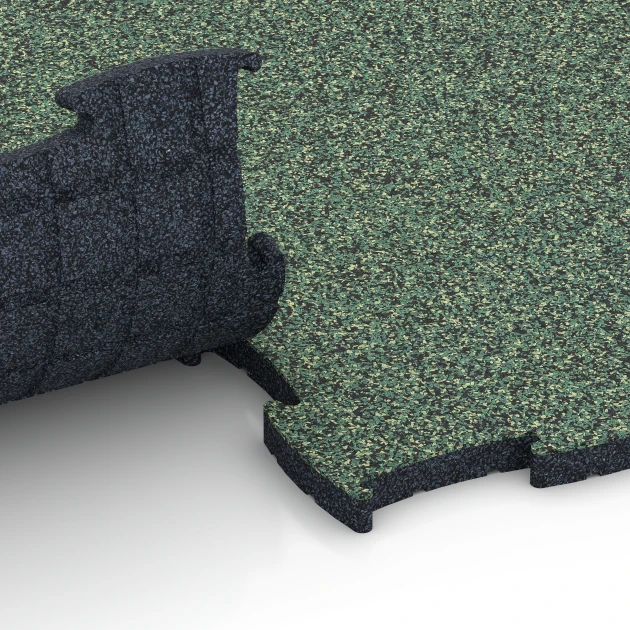 Großaufnahme vom Verbindungssystem von WARCO-Boden 6852 - Fitness Active podlaha im Farbdesign Anglický trávnik. Abmessungen 97,1 x 97,1 x 2,8 cm.