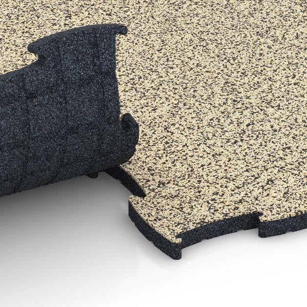 Großaufnahme vom Verbindungssystem von WARCO-Boden 6856 - Fitness Active podlaha im Farbdesign Travertín. Abmessungen 97,1 x 97,1 x 2,8 cm.