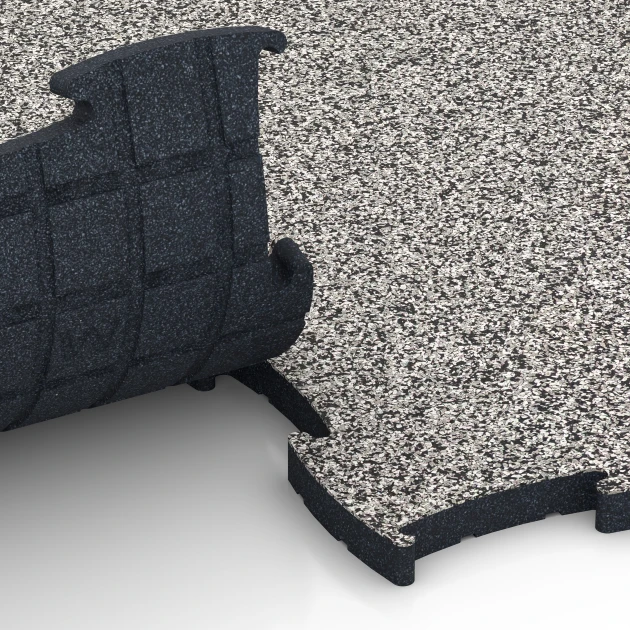 Großaufnahme vom Verbindungssystem von WARCO-Boden 6887 - Fitnes podlaha Max im Farbdesign Sivá žula. Abmessungen 97,1 x 97,1 x 2,8 cm.