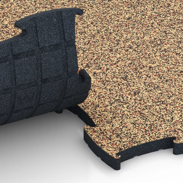 Großaufnahme vom Verbindungssystem von WARCO-Boden 6889 - Fitnes podlaha Max im Farbdesign Terakota. Abmessungen 97,1 x 97,1 x 2,8 cm.