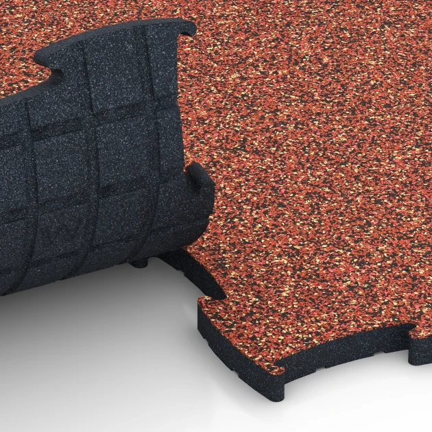 Großaufnahme vom Verbindungssystem von WARCO-Boden 6890 - Fitnes podlaha Max im Farbdesign Etna. Abmessungen 97,1 x 97,1 x 2,8 cm.