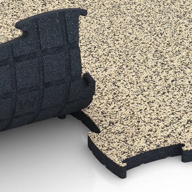 Großaufnahme vom Verbindungssystem von WARCO-Boden 6892 - Fitnes podlaha Max im Farbdesign Travertín. Abmessungen 97,1 x 97,1 x 2,8 cm.
