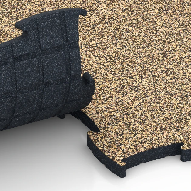 Großaufnahme vom Verbindungssystem von WARCO-Boden 6894 - Fitnes podlaha Max im Farbdesign Ratan. Abmessungen 97,1 x 97,1 x 2,8 cm.