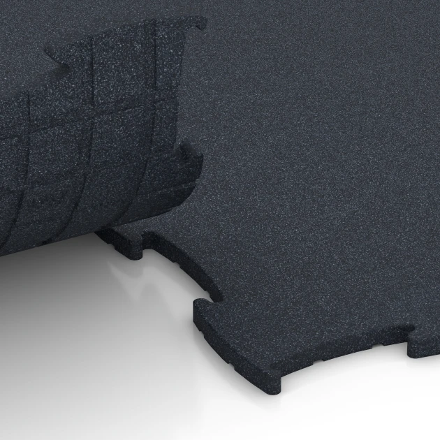 Großaufnahme vom Verbindungssystem von WARCO-Boden 6968 - Fitness Premium podlaha Plus im Farbdesign Antracit. Abmessungen 99 x 99 x 1,8 cm.