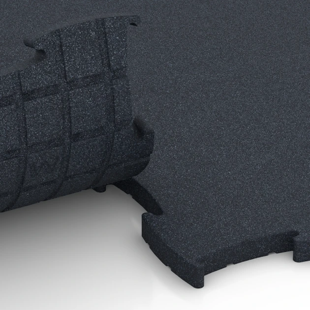 Großaufnahme vom Verbindungssystem von WARCO-Boden 6969 - Fitness Premium podlaha Plus im Farbdesign Antracit. Abmessungen 99 x 99 x 2,8 cm.