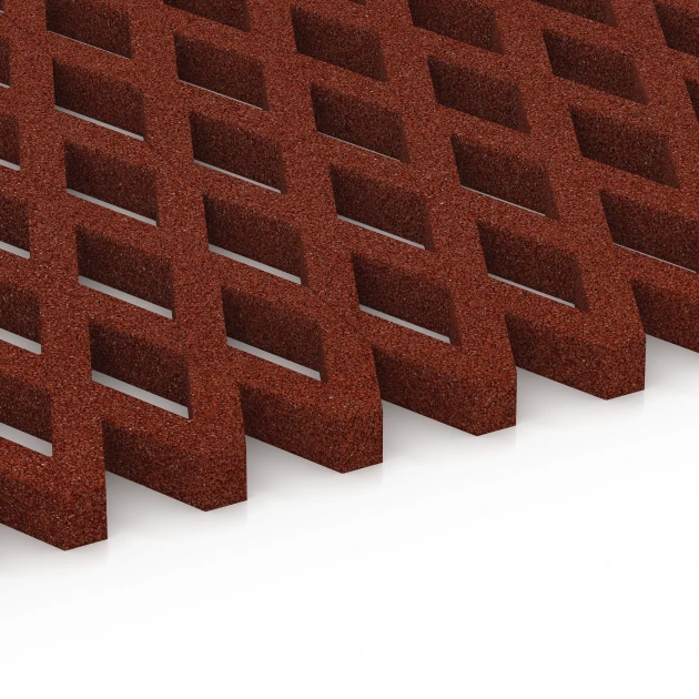 Großaufnahme vom Verbindungssystem von WARCO-Boden 7010 - Bezpečnostná trávniková mreža im Farbdesign Cihlová červená. Abmessungen 100 x 100 x 4 cm.