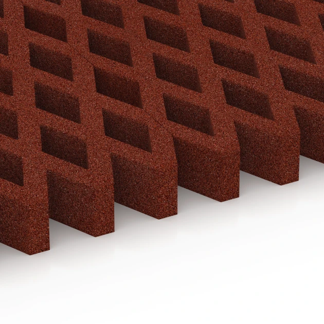 Großaufnahme vom Verbindungssystem von WARCO-Boden 7013 - Bezpečnostná trávniková mreža im Farbdesign Cihlová červená. Abmessungen 100 × 100 × 8 cm.
