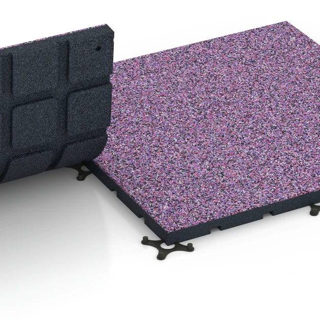 Großaufnahme vom Verbindungssystem von WARCO-Boden 7137 - Športová podlaha pre vonkajšie fitness im Farbdesign Levanduľa. Abmessungen 60 x 60 x 3 cm | 0,36 m².