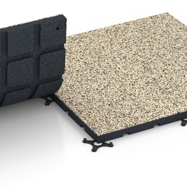 Großaufnahme vom Verbindungssystem von WARCO-Boden 7138 - Športová podlaha pre vonkajšie fitness im Farbdesign Travertín. Abmessungen 60 x 60 x 3 cm | 0,36 m².