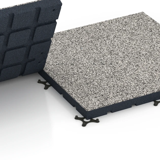 Großaufnahme vom Verbindungssystem von WARCO-Boden 7142 - Športová podlaha pre vonkajšie fitness im Farbdesign Sivá žula. Abmessungen 60 x 60 x 4 cm | 0,36 m².