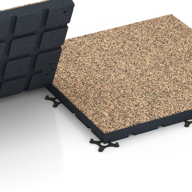 Großaufnahme vom Verbindungssystem von WARCO-Boden 7144 - Športová podlaha pre vonkajšie fitness im Farbdesign Terakota. Abmessungen 60 x 60 x 4 cm | 0,36 m².