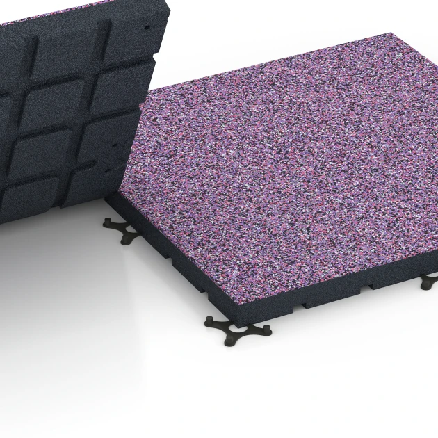 Großaufnahme vom Verbindungssystem von WARCO-Boden 7146 - Športová podlaha pre vonkajšie fitness im Farbdesign Levanduľa. Abmessungen 60 x 60 x 4 cm | 0,36 m².