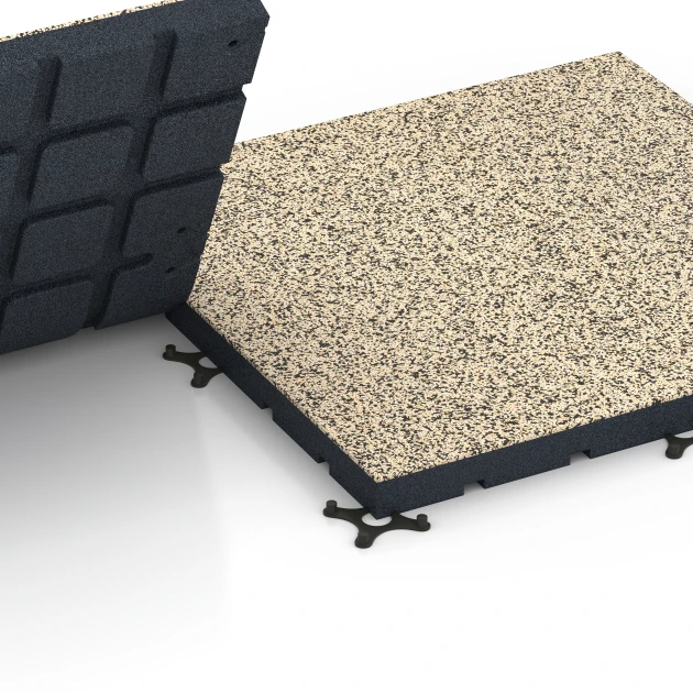 Großaufnahme vom Verbindungssystem von WARCO-Boden 7147 - Športová podlaha pre vonkajšie fitness im Farbdesign Travertín. Abmessungen 60 x 60 x 4 cm | 0,36 m².