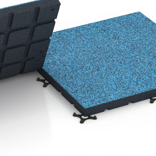 Großaufnahme vom Verbindungssystem von WARCO-Boden 7148 - Športová podlaha pre vonkajšie fitness im Farbdesign Atlantik. Abmessungen 60 x 60 x 4 cm | 0,36 m².