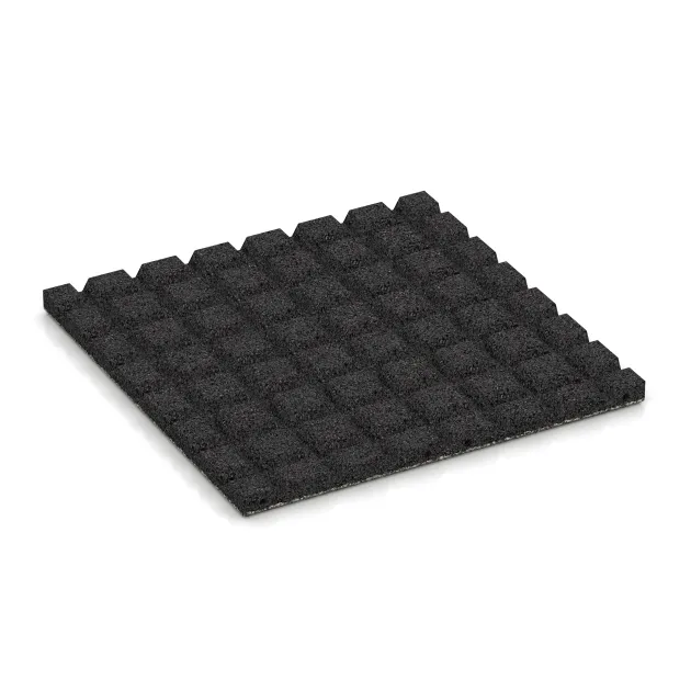 Aufsicht auf die Unterseite, also die Bodenseite von WARCO-Formteil 5327 - Dopadová gumená podložka na ihrisko im Format 500 x 500 x 30 mm.