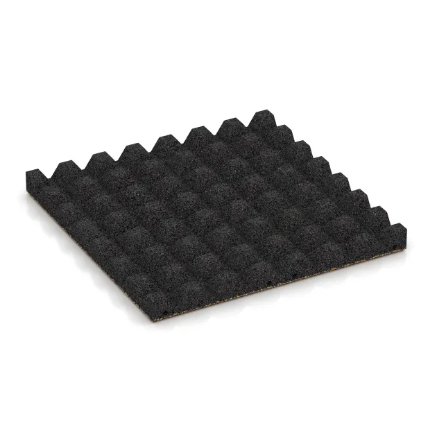 Aufsicht auf die Unterseite, also die Bodenseite von WARCO-Formteil 5555 - Bezpečnostná gumová dlaždica na detské ihrisko 4,5 cm - EN 1177 ≤ 135 cm im Format 500 x 500 x 45 mm.
