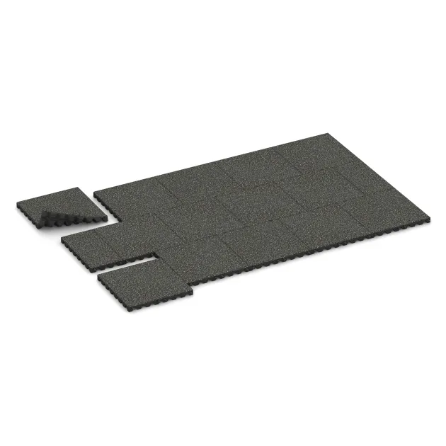 Typische Verlegung oder Einbausituation für den Artikel 5542 von WARCO - Bezpečnostná gumová dlaždica na detské ihrisko 4,5 cm - EN 1177 ≤ 135 cm, Farbton Tmavý šedý granit in der Abmessung 500 x 500 x 45 mm.