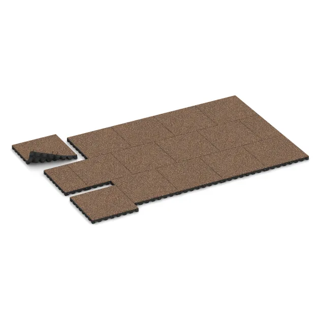 Typische Verlegung oder Einbausituation für den Artikel 5547 von WARCO - Bezpečnostná gumová dlaždica na detské ihrisko 4,5 cm - EN 1177 ≤ 135 cm, Farbton Kôra a Basto in der Abmessung 500 x 500 x 45 mm.