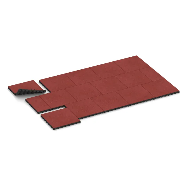 Typische Verlegung oder Einbausituation für den Artikel 0630 von WARCO - Dopadová gumená podložka na ihrisko, Farbton Korálová červená in der Abmessung 500 x 500 x 45 mm.